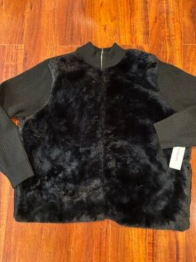 Liz Claiborne Black Faux Fur Knit Sleeve Jacket